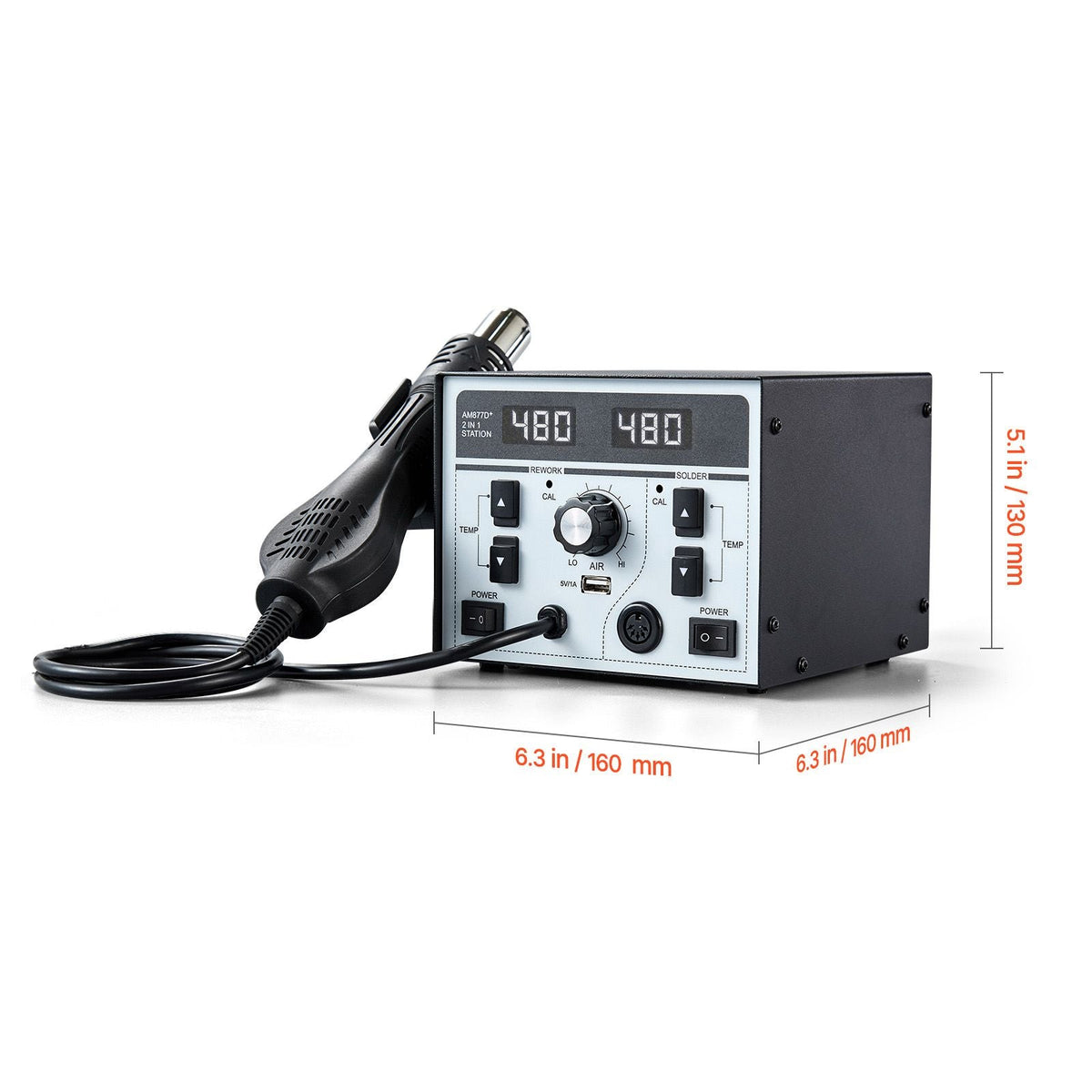 2-in-1 Hot Air Rework Station & Soldering Station, 820W LED Digital Rework and Soldering Iron Station with 5V USB Charging Port, Adjustable Temps & Airflow, 3 Hot Air Nozzles