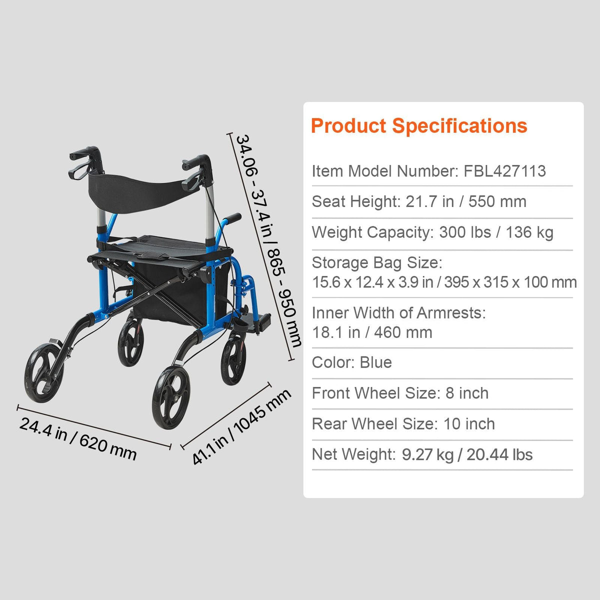 2 in 1 Rollator Walker & Transport Chair for Seniors, Folding Rolling Walker Wheelchair Combo & Footrests, Lightweight Aluminum Mobility Walker with Adjustable Handle, All Terrain Wheels, 300LBS