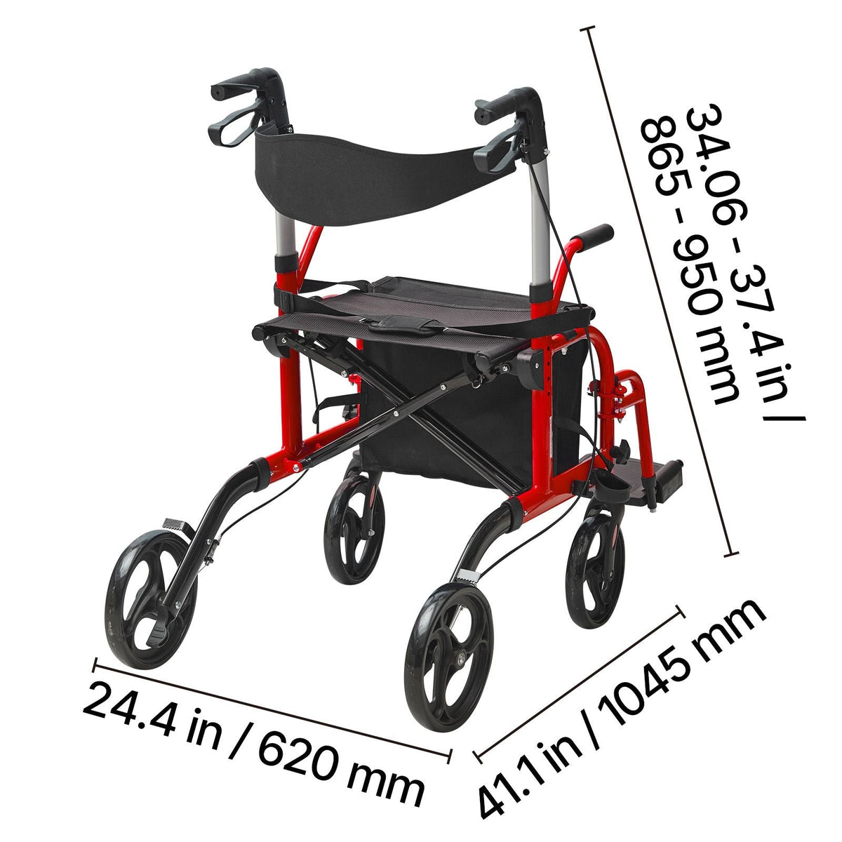 2 in 1 Rollator Walker & Transport Chair for Seniors, Folding Rolling Walker Wheelchair Combo & Footrests, Lightweight Aluminum Mobility Walker with Adjustable Handle, All Terrain Wheels, 300LBS