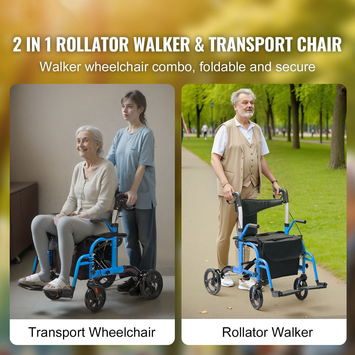 2 in 1 Rollator Walker & Transport Chair for Seniors, Folding Rolling Walker Wheelchair Combo & Footrests, Lightweight Aluminum Mobility Walker with Adjustable Handle, All Terrain Wheels, 300LBS