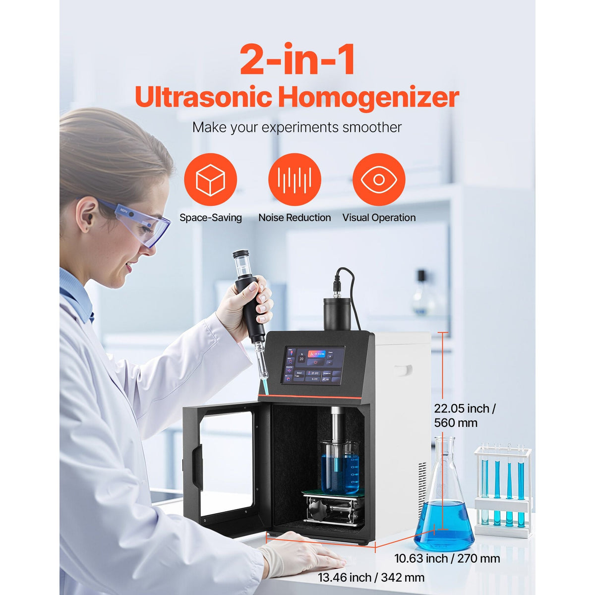2 in 1 Ultrasonic Homogenizer, 2000W Power, 20KHz Frequency, 0.79 inch Titanium Alloy Probe, Continuous, Timer and Pulse Three Modes, Noise Reduction, Sonicator Processor Cell Disruptor Mixer