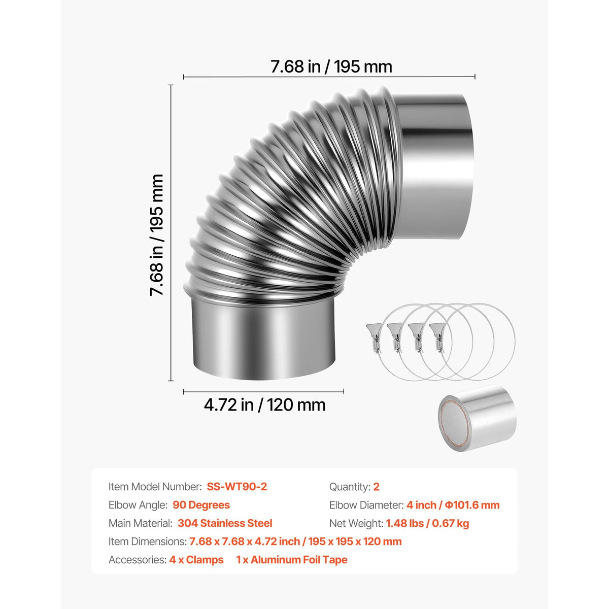 2 Pack Dryer Vent Elbow, 90 Degree Hose Connector Kit for 4 Inch Duct, Stainless Steel Vent Elbows with 4 Clamps and Aluminum Foil Tape, for HVAC Ducts, Pipes, and Ductworks at Tight Space