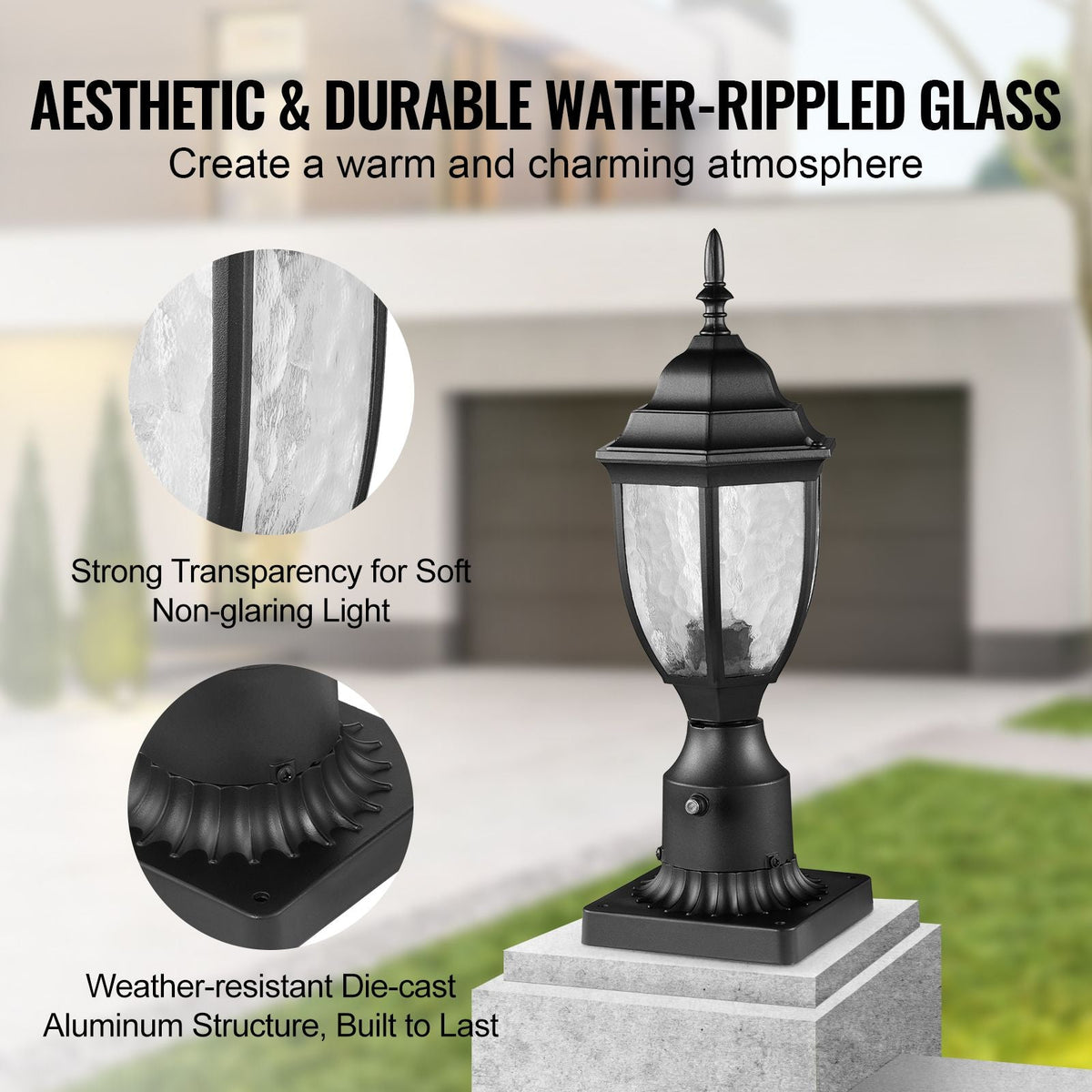 2 Pack Dusk to Dawn Outdoor Post Light, 15.35 in, Waterproof Lamp Post Light Fixtures with 3.5 in Pier Mount Base Glass Shade, Lightning-proof Exterior Pole Column Light for Patio Garden Pathway