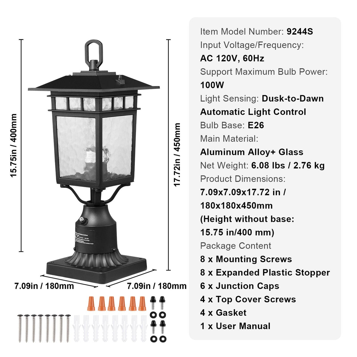 2 Pack Dusk to Dawn Outdoor Post Light, 15.75 in, Waterproof Lamp Post Light Fixtures with 5.5 in Pier Mount Base Glass Shade, Lightning-proof Exterior Pole Column Light for Patio Garden Pathway
