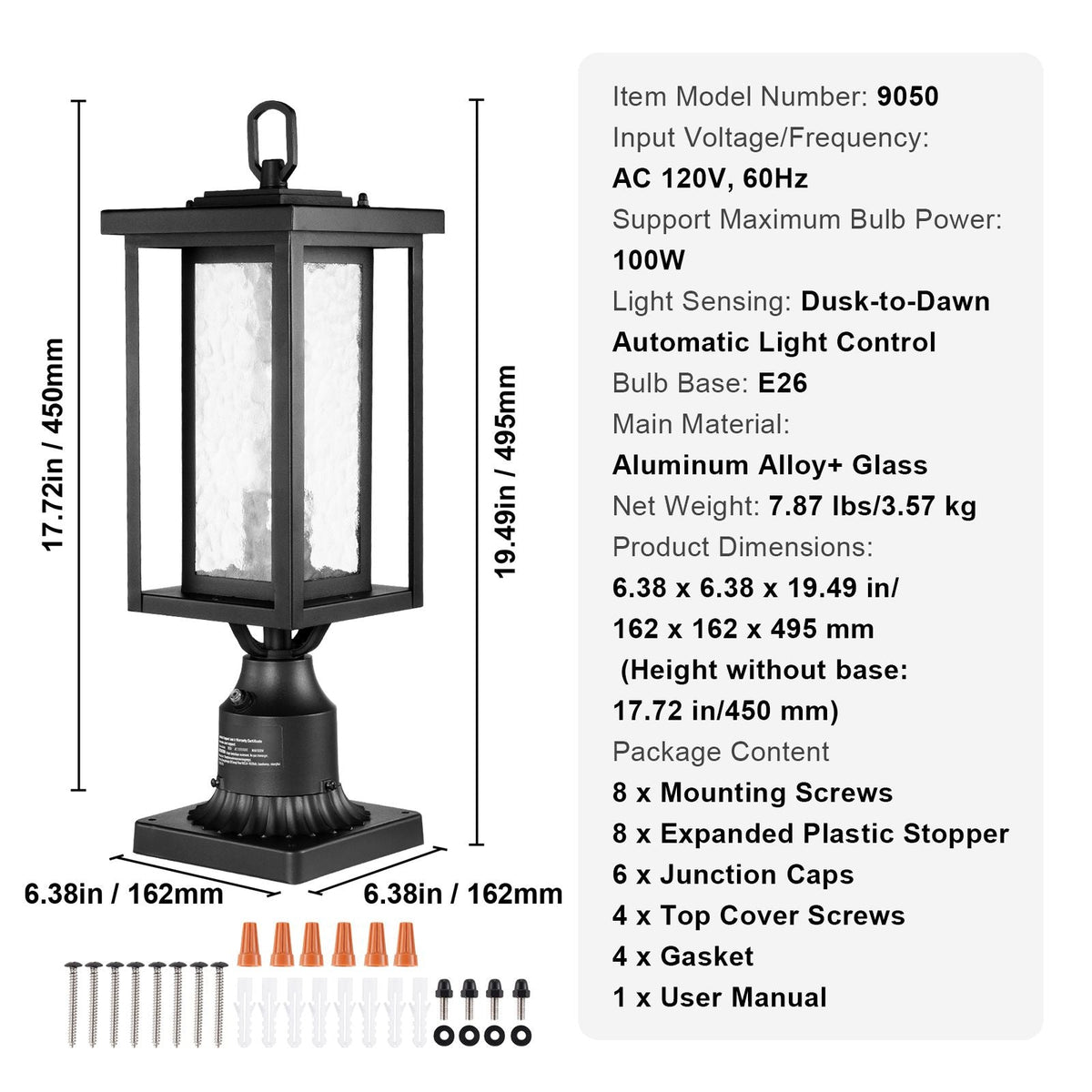2 Pack Dusk to Dawn Outdoor Post Light, 17.72 in, Waterproof Lamp Post Light Fixtures with 3.5 in Pier Mount Base Glass Shade, Lightning-proof Exterior Pole Column Light for Patio Garden Pathway