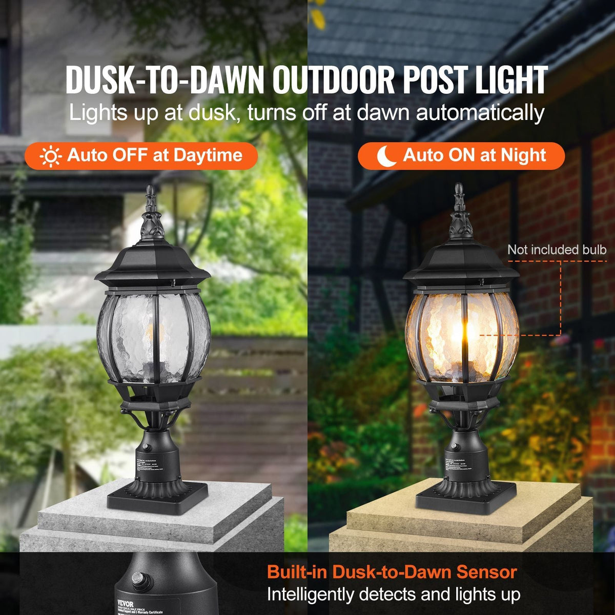 2 Pack Dusk to Dawn Outdoor Post Light, 20.87 in, Waterproof Lamp Post Light Fixtures with 5.5 in Pier Mount Base Glass Shade, Lightning-proof Exterior Pole Column Light for Patio Garden Pathway