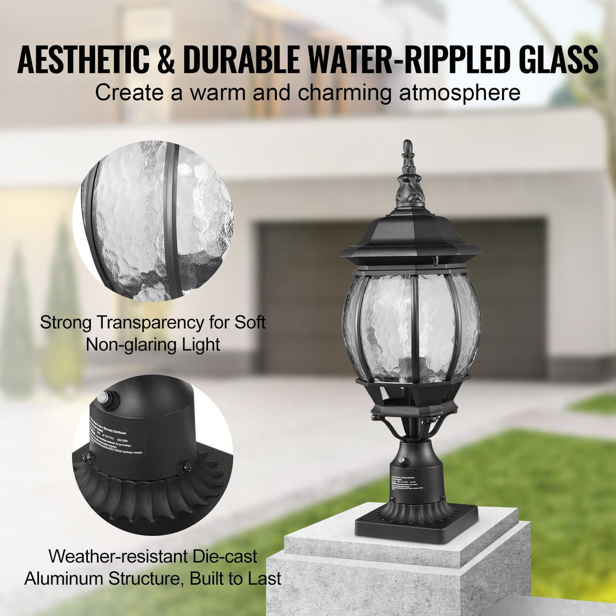 2 Pack Dusk to Dawn Outdoor Post Light, 20.87 in, Waterproof Lamp Post Light Fixtures with 5.5 in Pier Mount Base Glass Shade, Lightning-proof Exterior Pole Column Light for Patio Garden Pathway