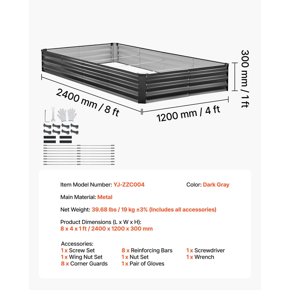 2 Pack Galvanized Raised Garden Beds, 8 x 4 x 1 ft, Rectangular Metal Planter Boxes Kit Outdoor, Bottomless Elevated Planting Box with Gloves, Alu-Zinc, for Growing Flowers Vegetables, Dark Gray