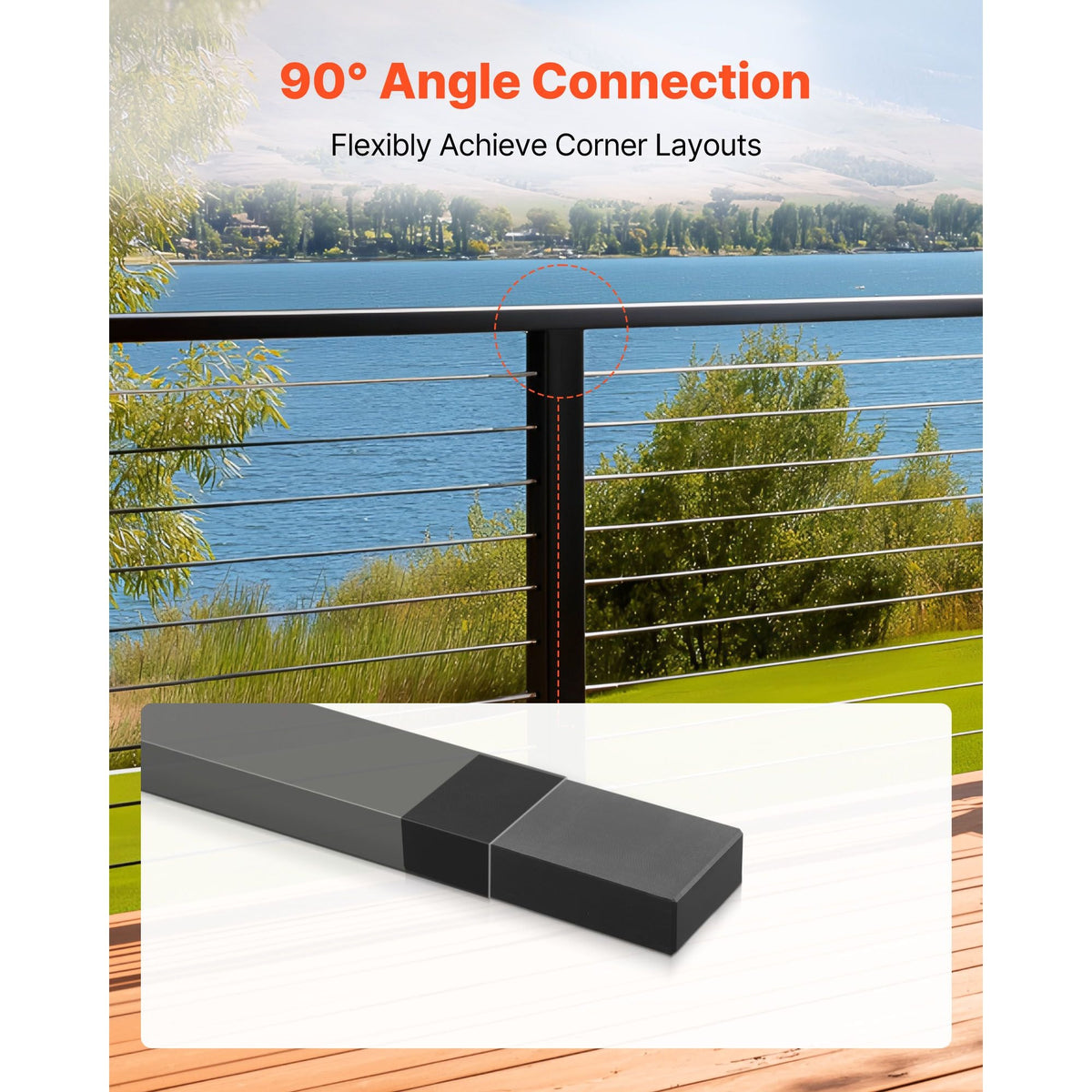 2 Pack Handrail Connectors, Flat Extension Stair Railing Accessories, POM Hand Rail Connector Fittings for Rectangular Cable Railing, Deck Cable Rail System Outdoor, Matte Black, HT-04