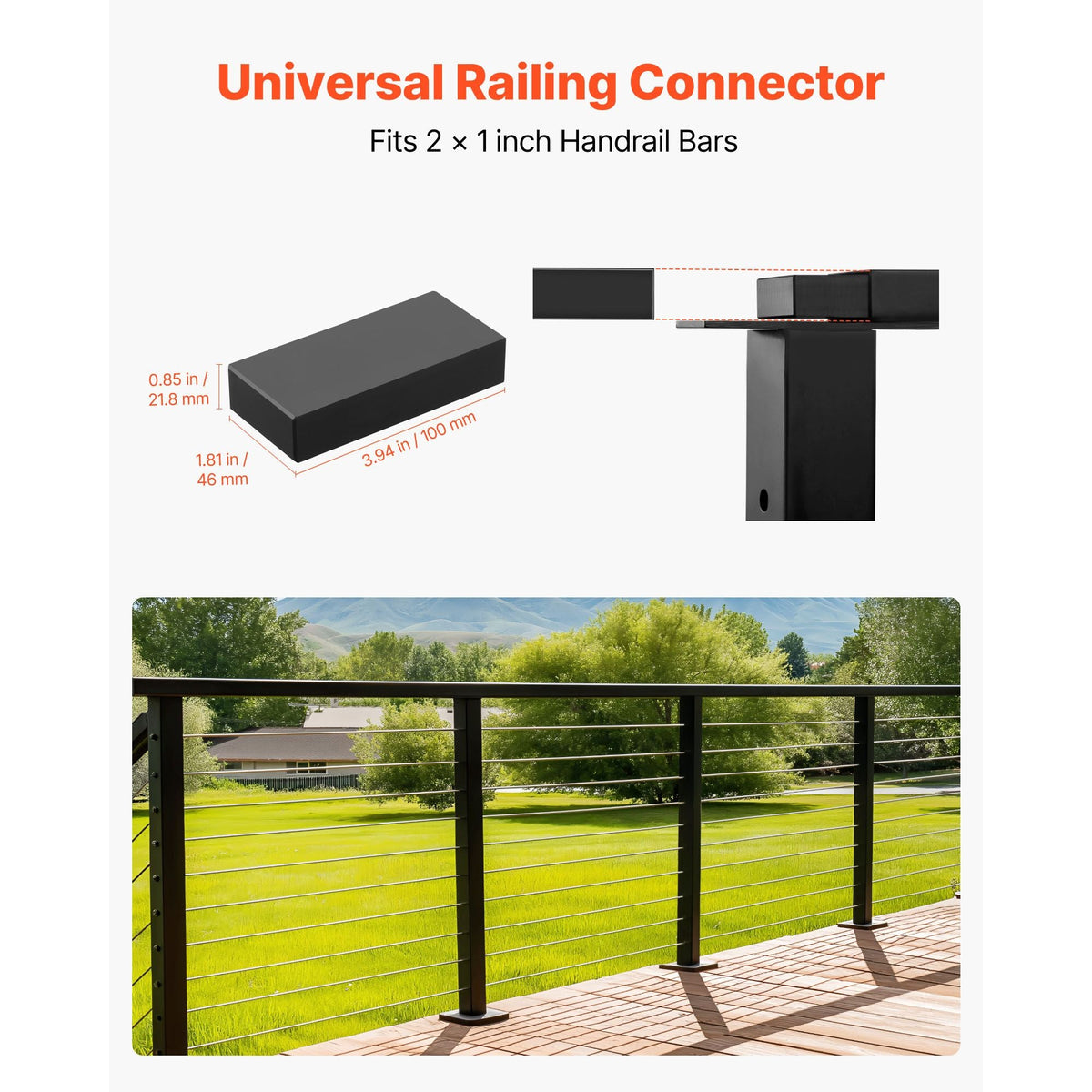 2 Pack Handrail Connectors, Flat Extension Stair Railing Accessories, POM Hand Rail Connector Fittings for Rectangular Cable Railing, Deck Cable Rail System Outdoor, Matte Black, HT-04