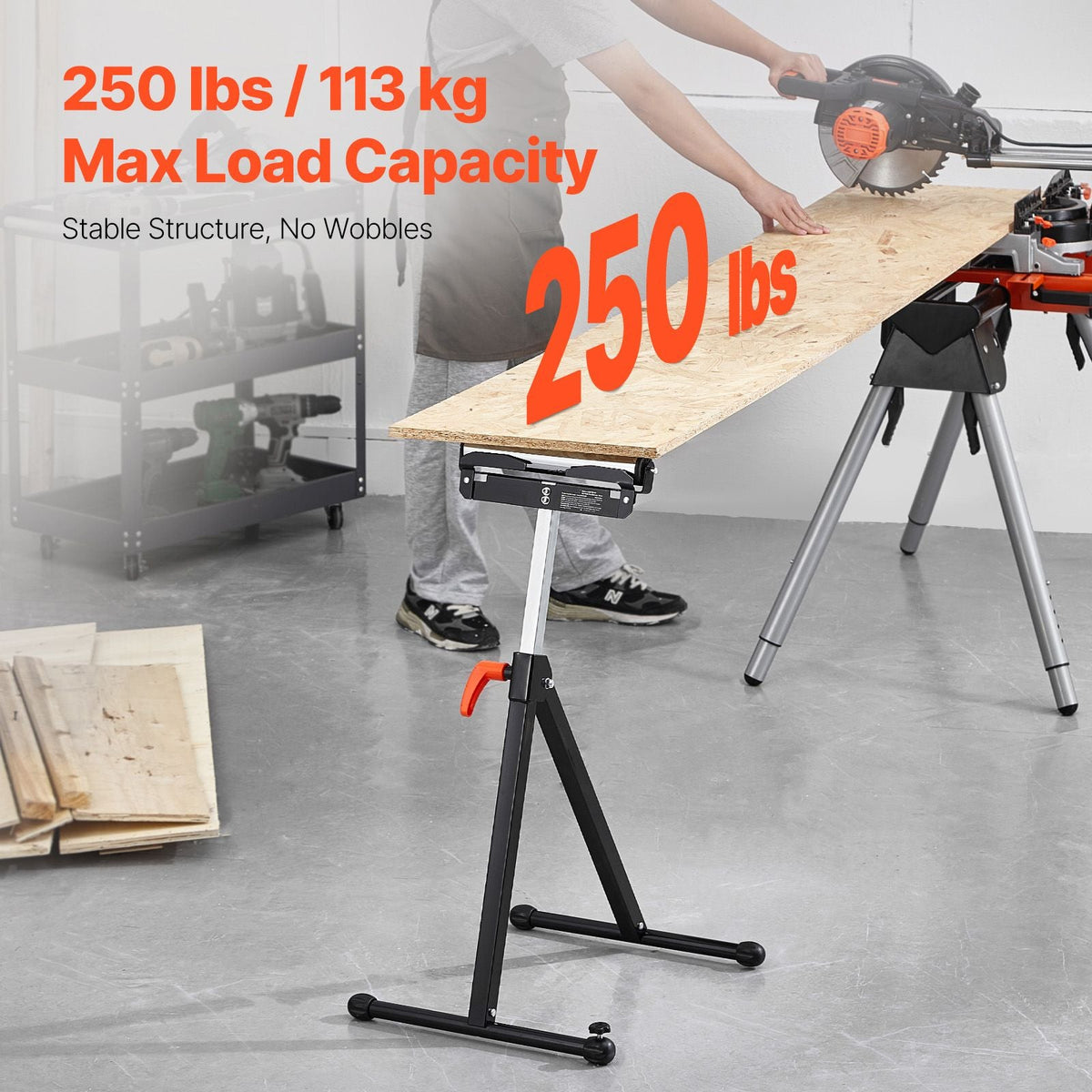 2-Pack Roller Stands, 250 lbs Load Capacity, 27-43 in Adjustable Height, Folding Heavy Duty with Polished Steel Roller Head & Edge Guides, for Table Saw Outfeed Woodworking Extension Support