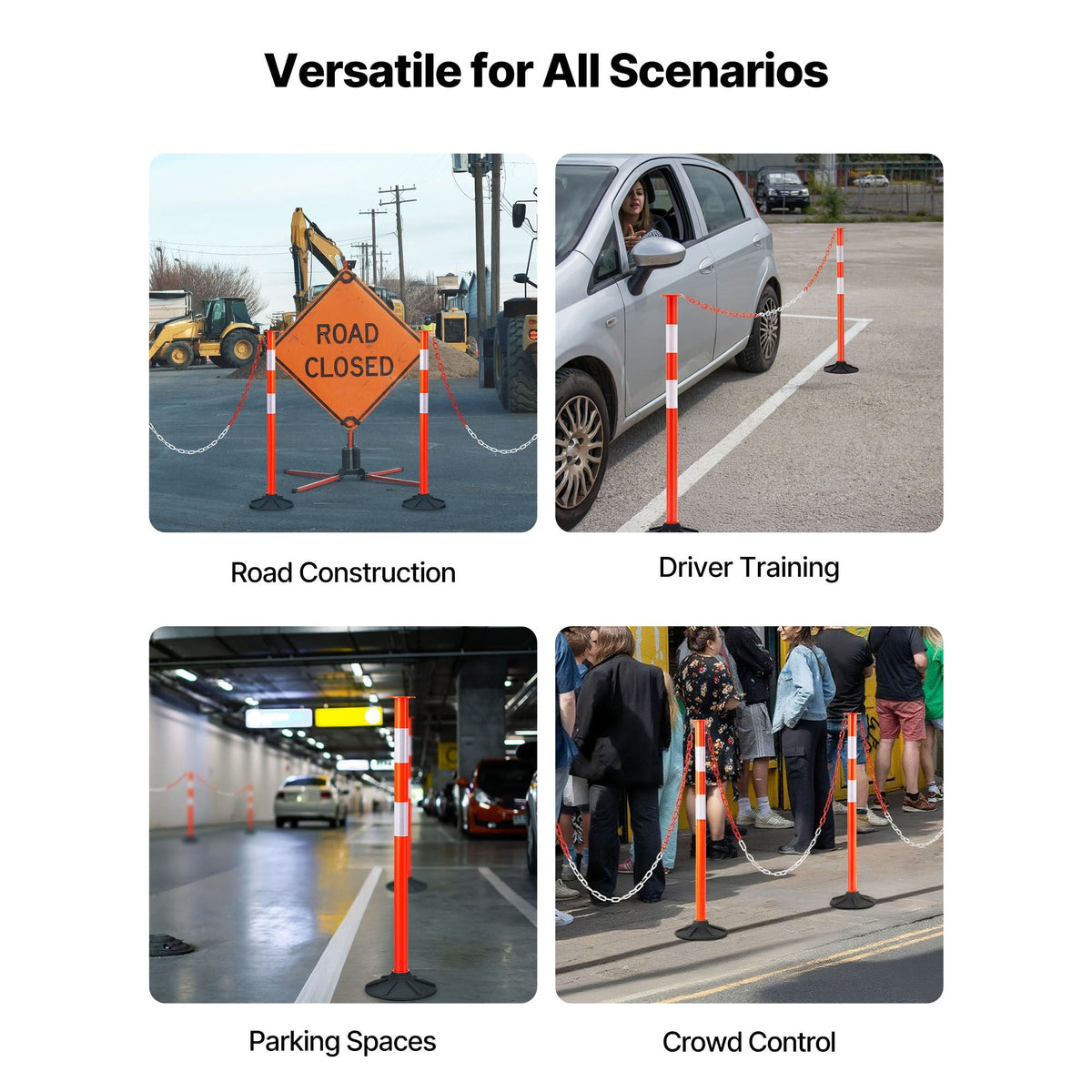 2 Pack Traffic Delineator Posts, 34 in Traffic Safety Cones with Weighted Base, Reflective Strips and Chain, Heavy Duty Delineator Posts for Construction Site, Parking Lot, Crowd Control, Red