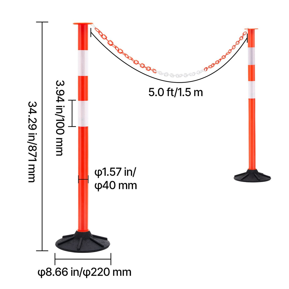 2 Pack Traffic Delineator Posts, 34 in Traffic Safety Cones with Weighted Base, Reflective Strips and Chain, Heavy Duty Delineator Posts for Construction Site, Parking Lot, Crowd Control, Red