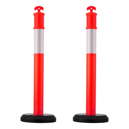 2 Pack Traffic Delineator Posts, 48 inches Traffic Safety Cones with Fillable Base and Reflective Strips, Heavy Duty Delineator Posts for Construction Site, Parking Lot, Crowd Control, Red
