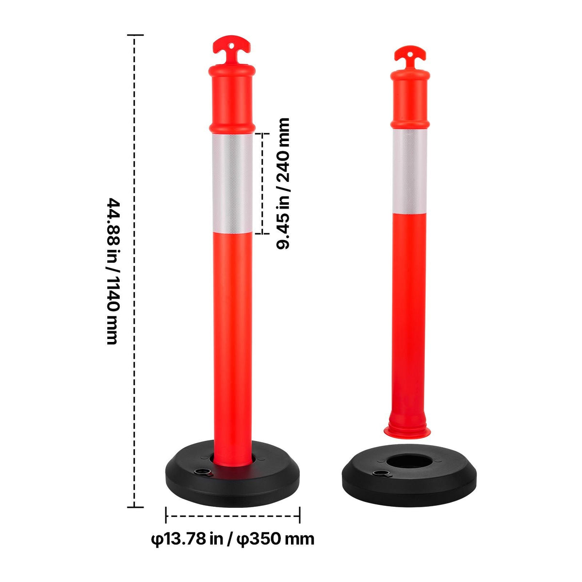 2 Pack Traffic Delineator Posts, 48 inches Traffic Safety Cones with Fillable Base and Reflective Strips, Heavy Duty Delineator Posts for Construction Site, Parking Lot, Crowd Control, Red
