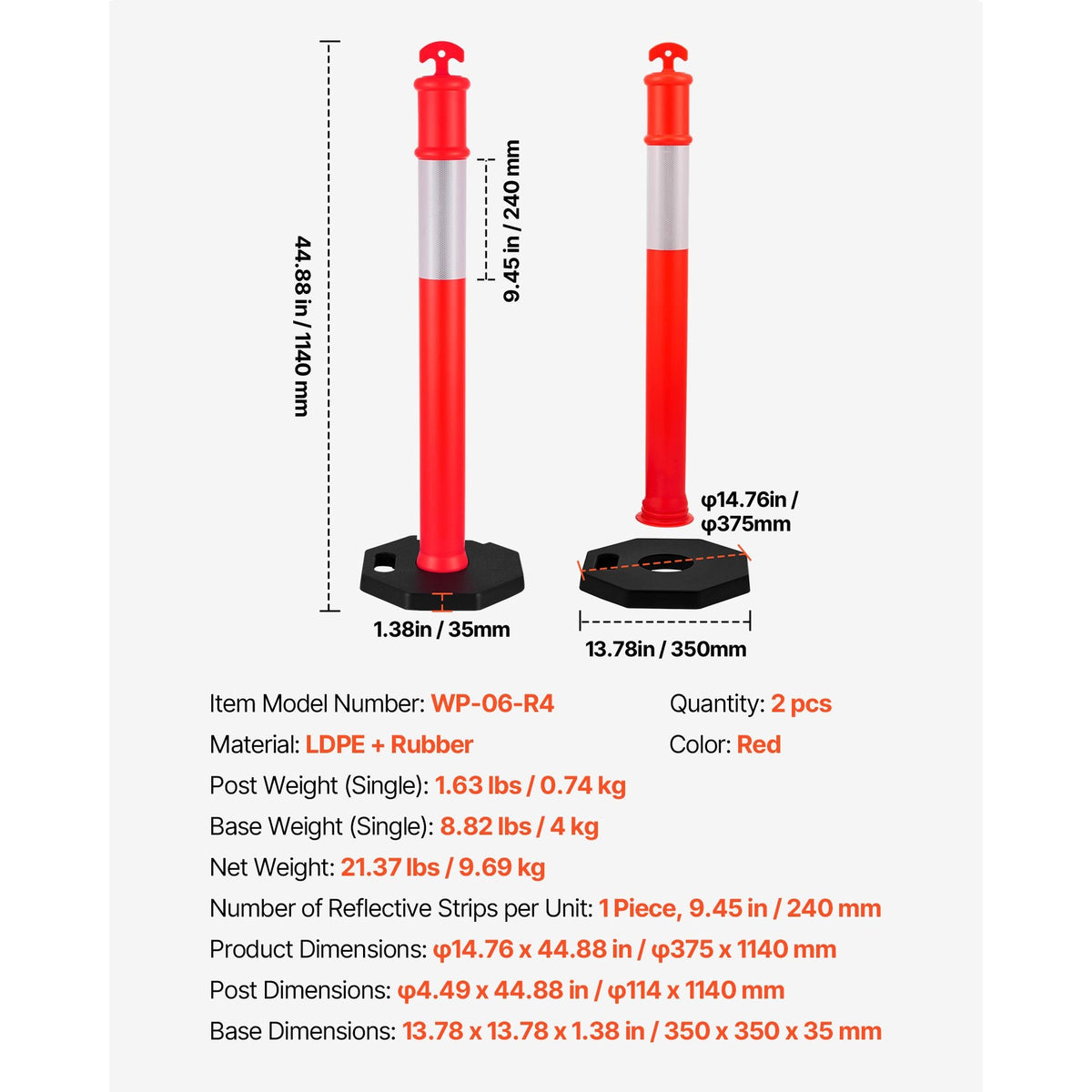 2 Pack Traffic Delineator Posts, 48 inches Traffic Safety Cones with Weighted Base and Reflective Strips, Heavy Duty Delineator Posts for Construction Site, Parking Lot, Crowd Control, Red