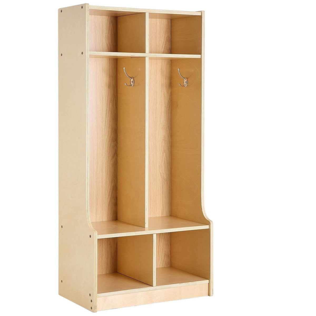 2-Section Kids Coat Locker, Wooden Toddler Cubby Storage Organizer with 4 Hooks & Anti-Tip Kit, Modern Kid Coat Cubbies with 4 Small Open Storage Boxes for Home, Kindergarten, Daycare, Natural