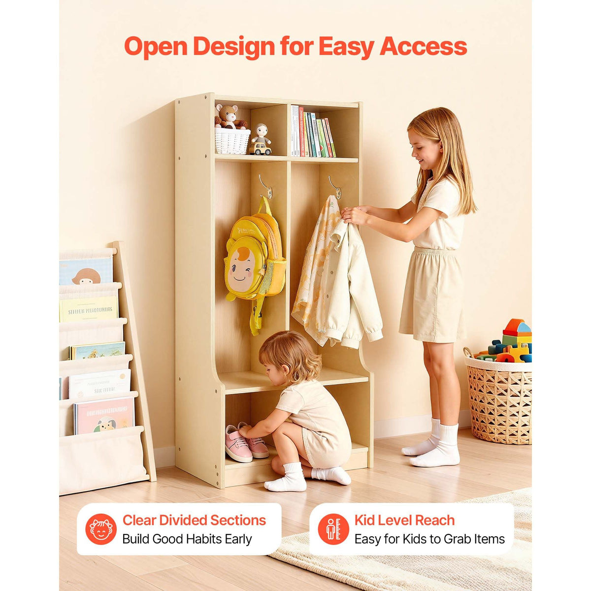 2-Section Kids Coat Locker, Wooden Toddler Cubby Storage Organizer with 4 Hooks & Anti-Tip Kit, Modern Kid Coat Cubbies with 4 Small Open Storage Boxes for Home, Kindergarten, Daycare, Natural