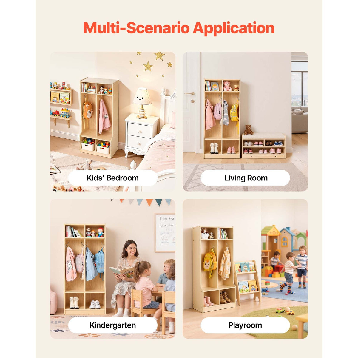 2-Section Kids Coat Locker, Wooden Toddler Cubby Storage Organizer with 4 Hooks & Anti-Tip Kit, Modern Kid Coat Cubbies with 4 Small Open Storage Boxes for Home, Kindergarten, Daycare, Natural