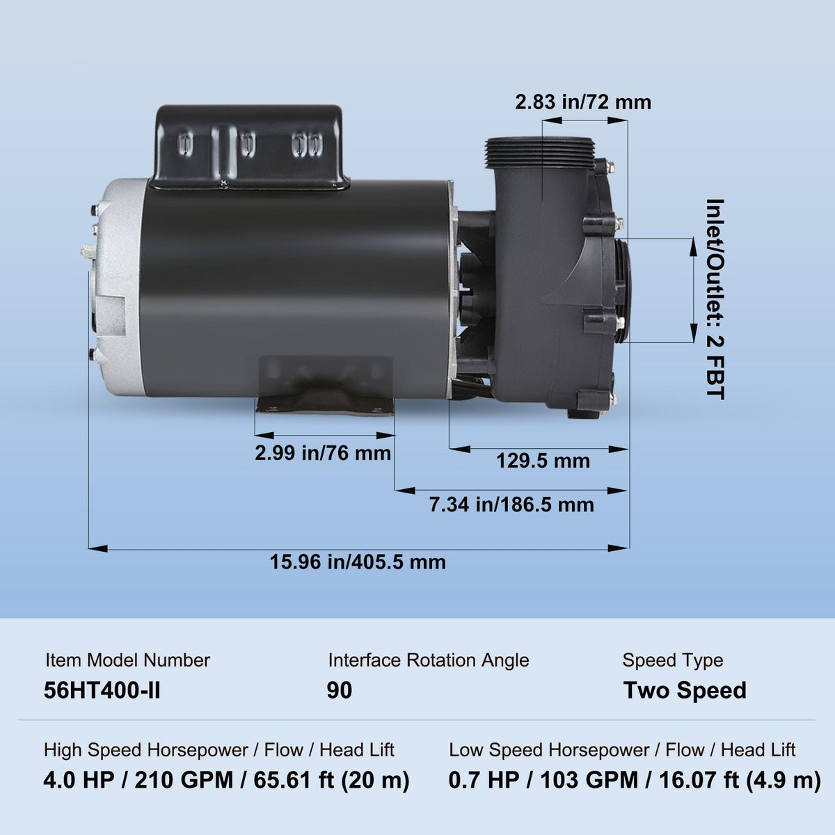 2 Speed SPA Pump, 56-Frame, AC 220-240V Hot Tub SPA Pump, 4HP/210GPM/65.61ft High Speed or 0.7HP/103GPM/16.07ft Low Speed, 2" Port 90° Rotational Interface for Hot Tub, Tested to UL Standards