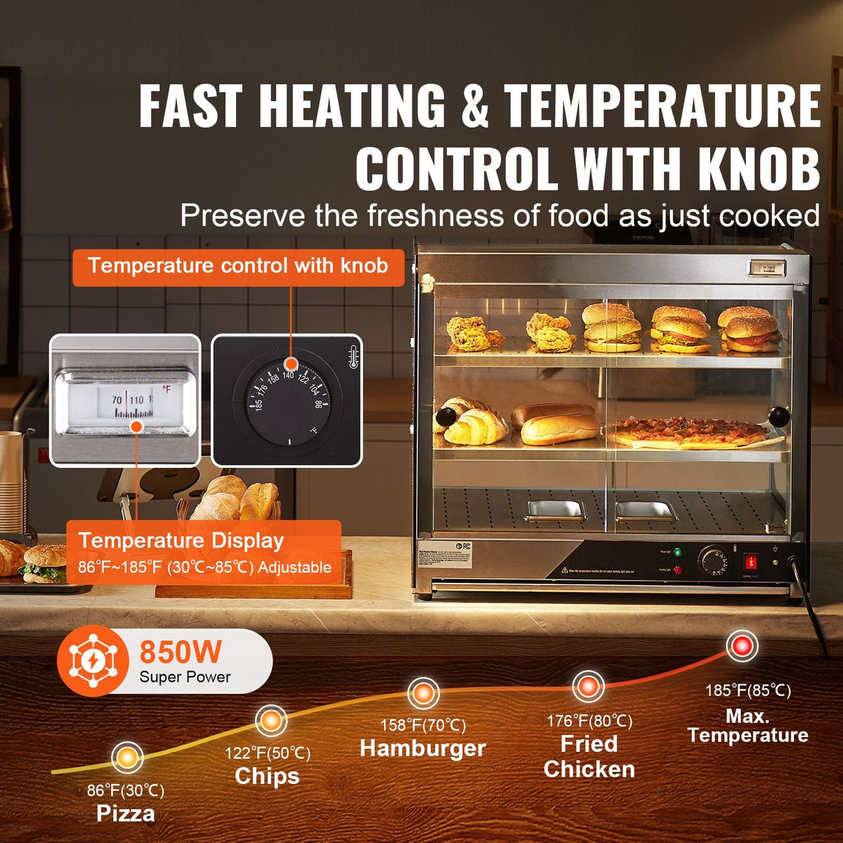 2-Tier Commercial Food Warmer Display, 850W Food Display Warmer w/ Tempered Glass and Steam Heating, 86-185 F Temperature Control, 111L Large Capacity for Hamburger, Pizza, Bread, Fried Chicken