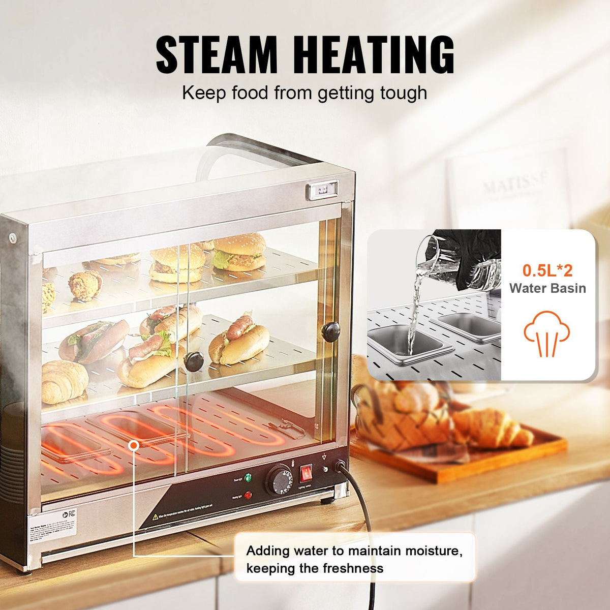 2-Tier Commercial Food Warmer Display, 850W Food Display Warmer w/ Tempered Glass and Steam Heating, 86-185 F Temperature Control, 111L Large Capacity for Hamburger, Pizza, Bread, Fried Chicken