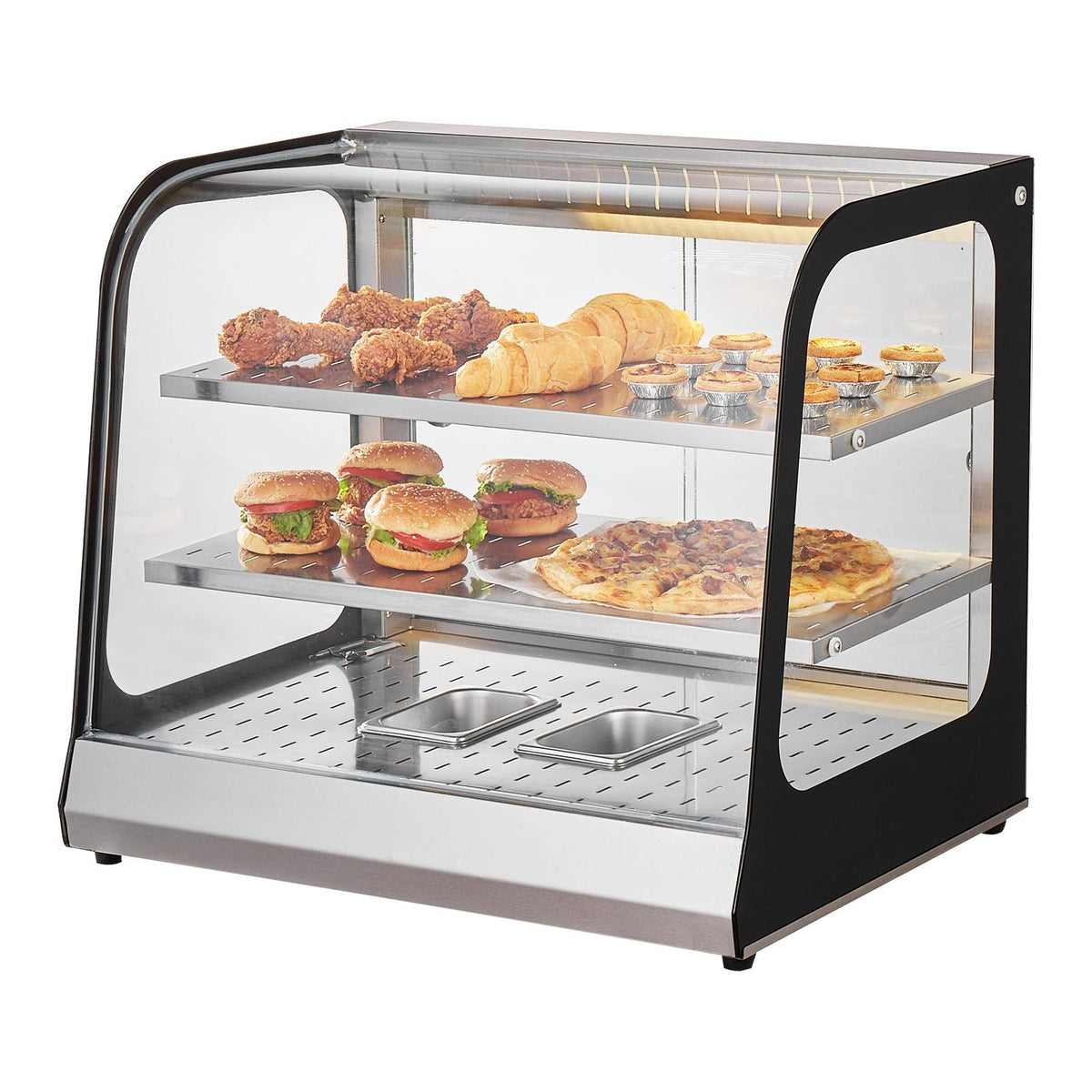 2-Tier Commercial Food Warmer Display, 850W Food Display Warmer w/ Tempered Glass and Steam Heating, 86-185 F Temperature Control, 111L Large Capacity for Hamburger, Pizza, Bread, Fried Chicken