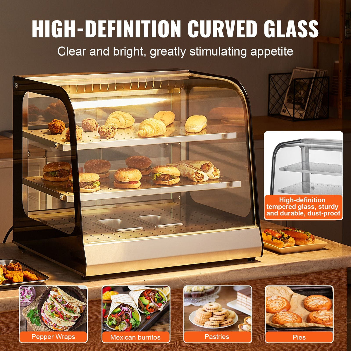 2-Tier Commercial Food Warmer Display, 850W Food Display Warmer w/ Tempered Glass and Steam Heating, 86-185 F Temperature Control, 111L Large Capacity for Hamburger, Pizza, Bread, Fried Chicken