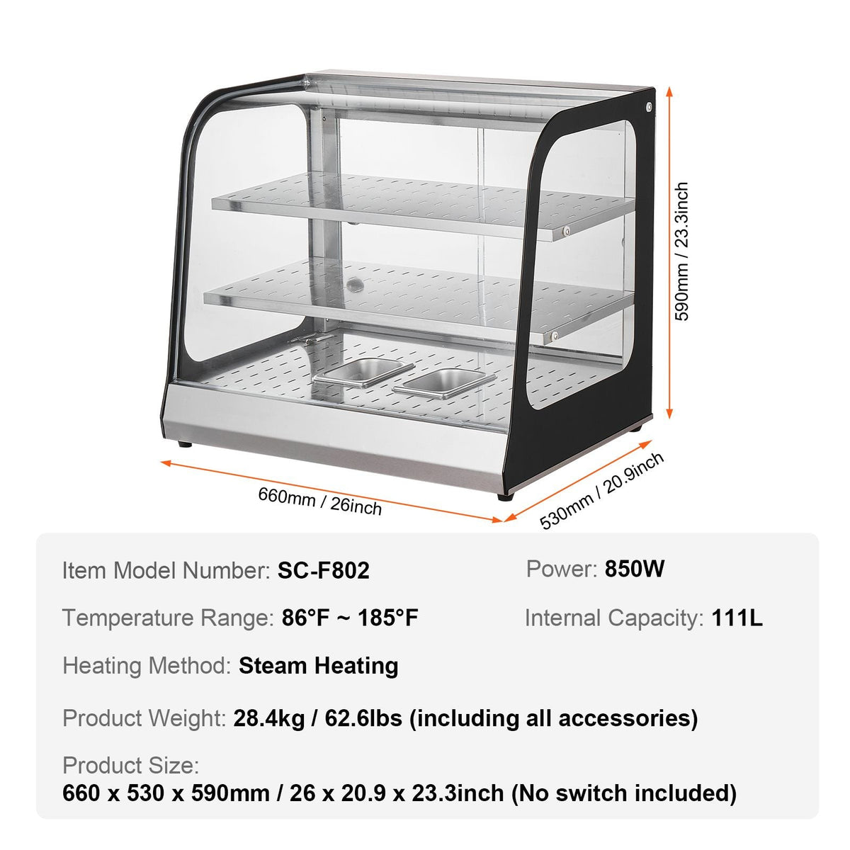2-Tier Commercial Food Warmer Display, 850W Food Display Warmer w/ Tempered Glass and Steam Heating, 86-185 F Temperature Control, 111L Large Capacity for Hamburger, Pizza, Bread, Fried Chicken
