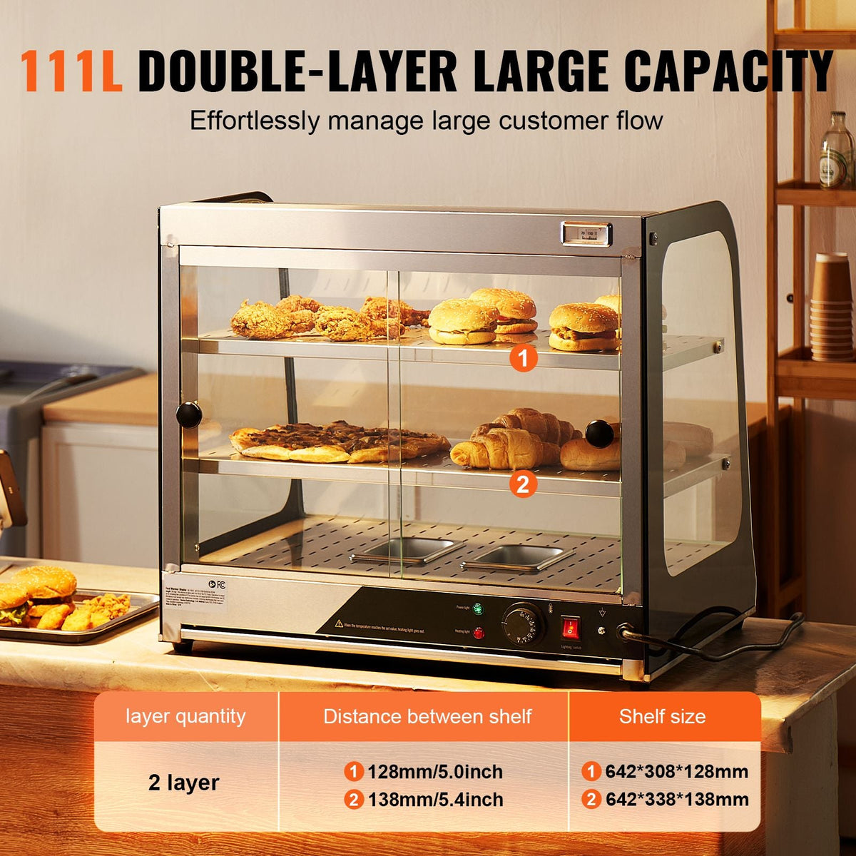 2-Tier Commercial Food Warmer Display, 850W Food Display Warmer w/ Tempered Glass and Steam Heating, 86-185 F Temperature Control, 111L Large Capacity for Hamburger, Pizza, Bread, Fried Chicken