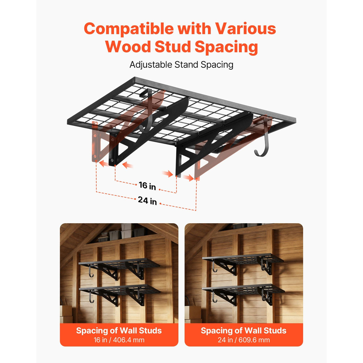 2-Tier Heavy Duty Wall Garage Shelving, 2 x 3 ft Steel Wall Mounted Shelving Unit with Hooks, 24 x 36 Inch Per Shelf Floating Storage Metal Rack for Garage, 500 lbs Total Weight Capacity, Black