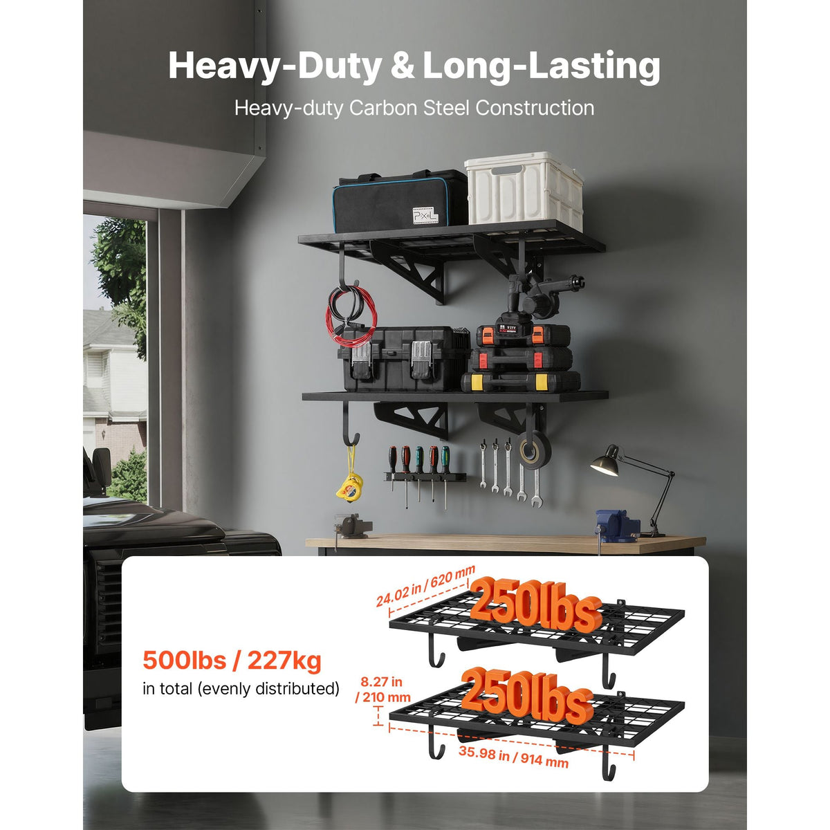 2-Tier Heavy Duty Wall Garage Shelving, 2 x 3 ft Steel Wall Mounted Shelving Unit with Hooks, 24 x 36 Inch Per Shelf Floating Storage Metal Rack for Garage, 500 lbs Total Weight Capacity, Black