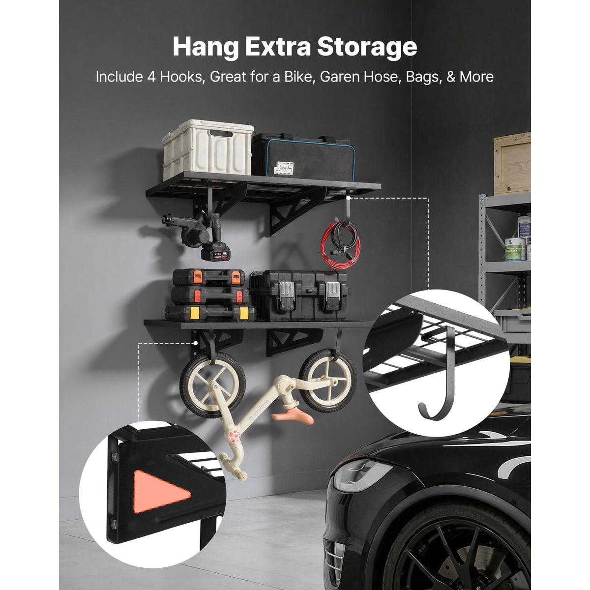 2-Tier Heavy Duty Wall Garage Shelving, 2 x 3 ft Steel Wall Mounted Shelving Unit with Hooks, 24 x 36 Inch Per Shelf Floating Storage Metal Rack for Garage, 500 lbs Total Weight Capacity, Black