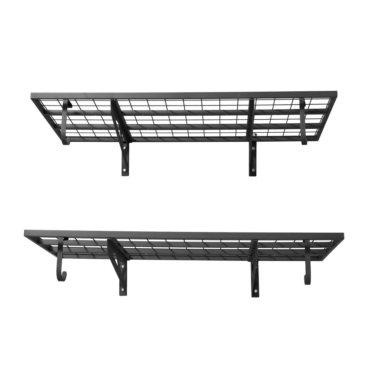 2-Tier Heavy Duty Wall Garage Shelving, 2 x 4 ft Steel Wall Mounted Shelving Unit with Hooks, 24 x 48 Inch Per Shelf Floating Storage Metal Rack for Garage, 500 lbs Total Weight Capacity, Black