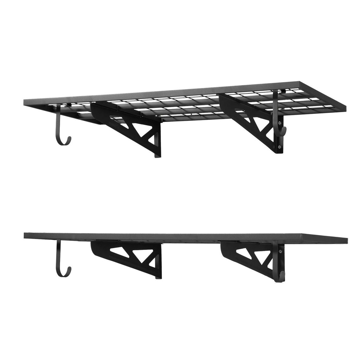 2-Tier Heavy Duty Wall Garage Shelving, 2 x 4 ft Steel Wall Mounted Shelving Unit with Hooks, 24 x 48 Inch Per Shelf Floating Storage Metal Rack for Garage, 500 lbs Total Weight Capacity, Black
