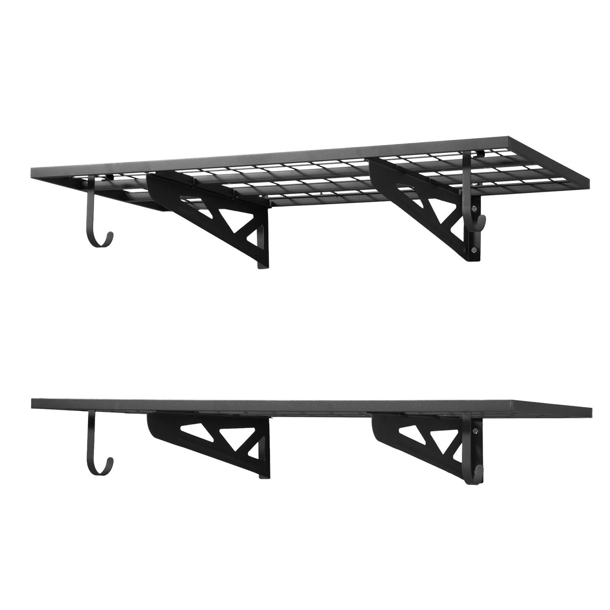 2-Tier Heavy Duty Wall Garage Shelving, 2 x 4 ft Steel Wall Mounted Shelving Unit with Hooks, 24 x 48 Inch Per Shelf Floating Storage Metal Rack for Garage, 500 lbs Total Weight Capacity, Black