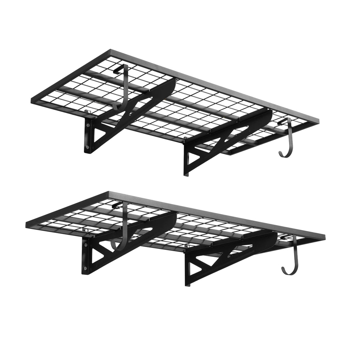 2-Tier Heavy Duty Wall Garage Shelving, 2 x 4 ft Steel Wall Mounted Shelving Unit with Hooks, 24 x 48 Inch Per Shelf Floating Storage Metal Rack for Garage, 500 lbs Total Weight Capacity, Black