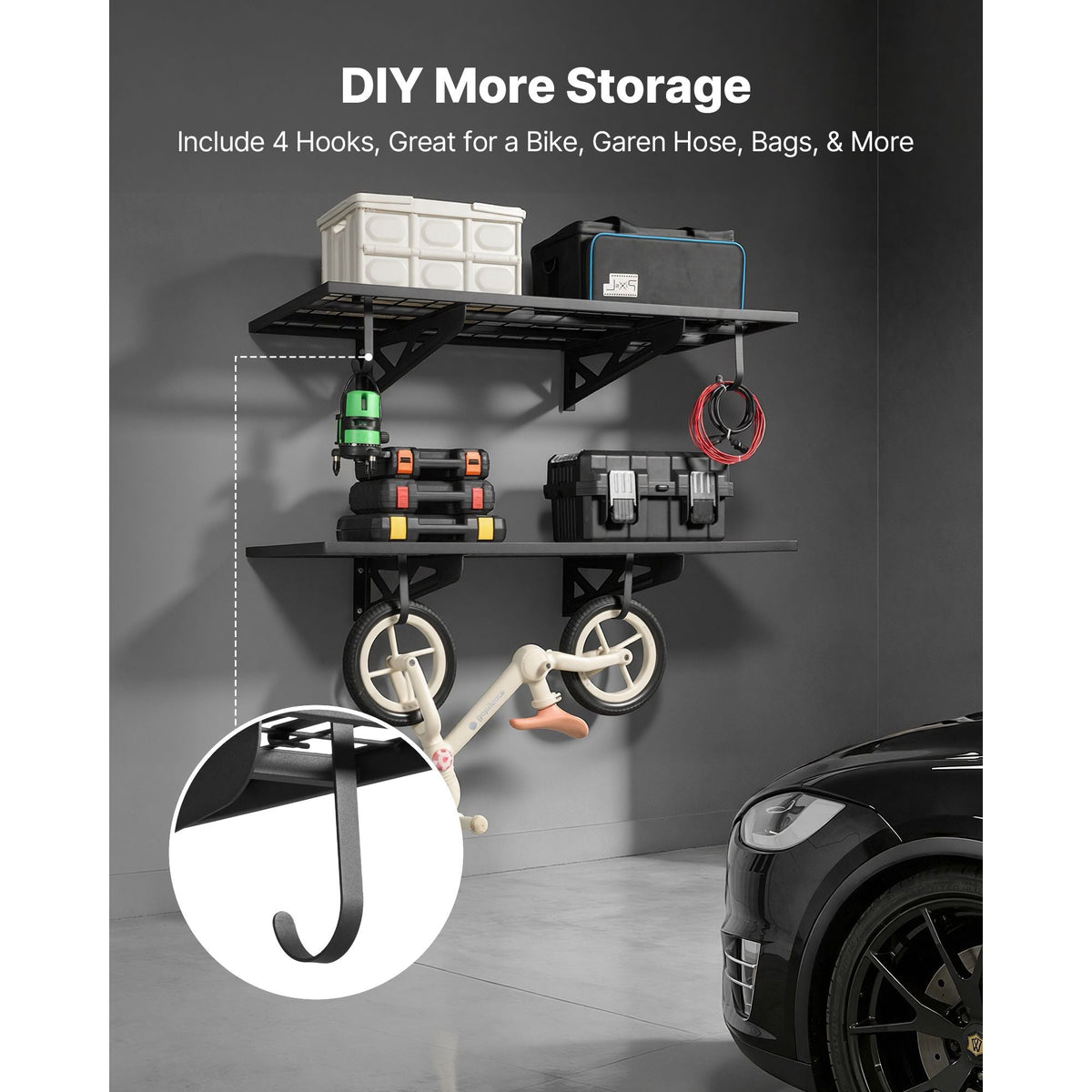 2-Tier Heavy Duty Wall Garage Shelving, 2 x 4 ft Steel Wall Mounted Shelving Unit with Hooks, 24 x 48 Inch Per Shelf Floating Storage Metal Rack for Garage, 500 lbs Total Weight Capacity, Black