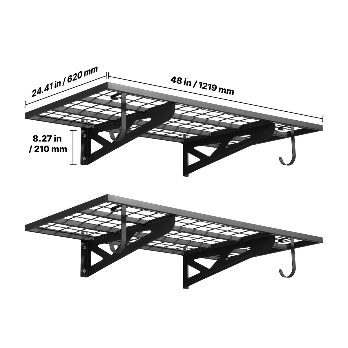 2-Tier Heavy Duty Wall Garage Shelving, 2 x 4 ft Steel Wall Mounted Shelving Unit with Hooks, 24 x 48 Inch Per Shelf Floating Storage Metal Rack for Garage, 500 lbs Total Weight Capacity, Black