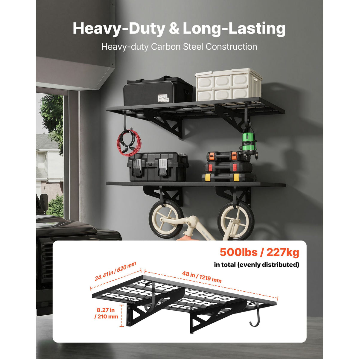 2-Tier Heavy Duty Wall Garage Shelving, 2 x 4 ft Steel Wall Mounted Shelving Unit with Hooks, 24 x 48 Inch Per Shelf Floating Storage Metal Rack for Garage, 500 lbs Total Weight Capacity, Black