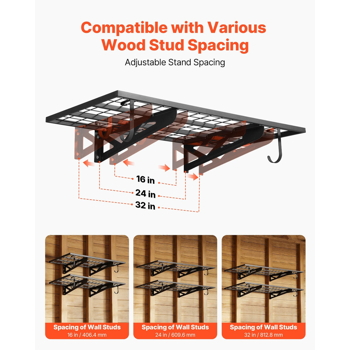 2-Tier Heavy Duty Wall Garage Shelving, 2 x 4 ft Steel Wall Mounted Shelving Unit with Hooks, 24 x 48 Inch Per Shelf Floating Storage Metal Rack for Garage, 500 lbs Total Weight Capacity, Black