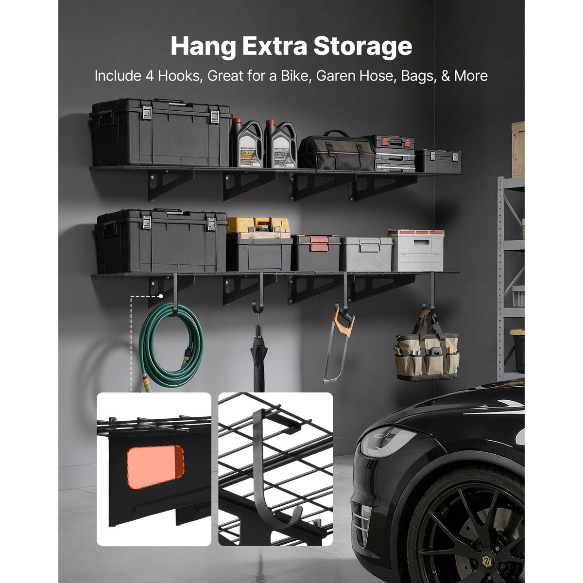 2-Tier Heavy Duty Wall Garage Shelving, 8 Pack 1 x 3 ft Steel Wall Mounted Shelving Unit with Hooks, 24 x 72 Inch Per Shelf Floating Storage Metal Rack, 1000 lbs Total Weight Capacity, Black