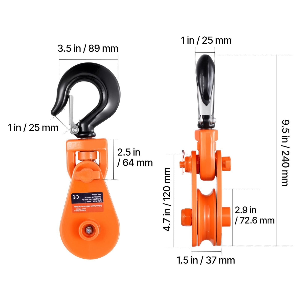 2 Ton Snatch Block with Swivel Hook, 3" Sheave 3/8" Inch Wire Rope, Heavy Duty Snatch Block Pulley 4400 lbs for Towing and Recovery operations on Tow Truck Rollback Wrecker Car Hauler Winches