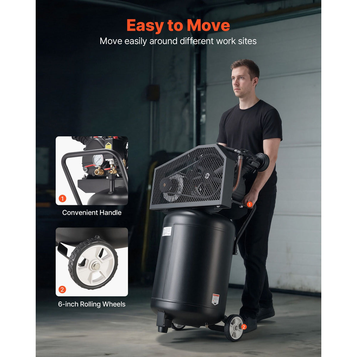 20-Gallon Air Compressor, 2HP 6.5SCFM at 90PSI, Max 135PSI Pressure Oil-Lubricated Air Compressor Tank, Portable on Wheels for Auto Repair, Tire Inflation, Spray Painting, Woodwork Nailing, 120V