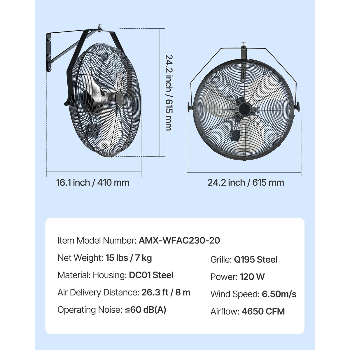 20 Inch Industrial Wall Mount Fan, High Velocity 4650 CFM Indoor Fan with 3 Speeds, Powerful Motor Garage Wall Fan with Aluminum Blades for Workshop, Warehouse, Greenhouse, Commercial