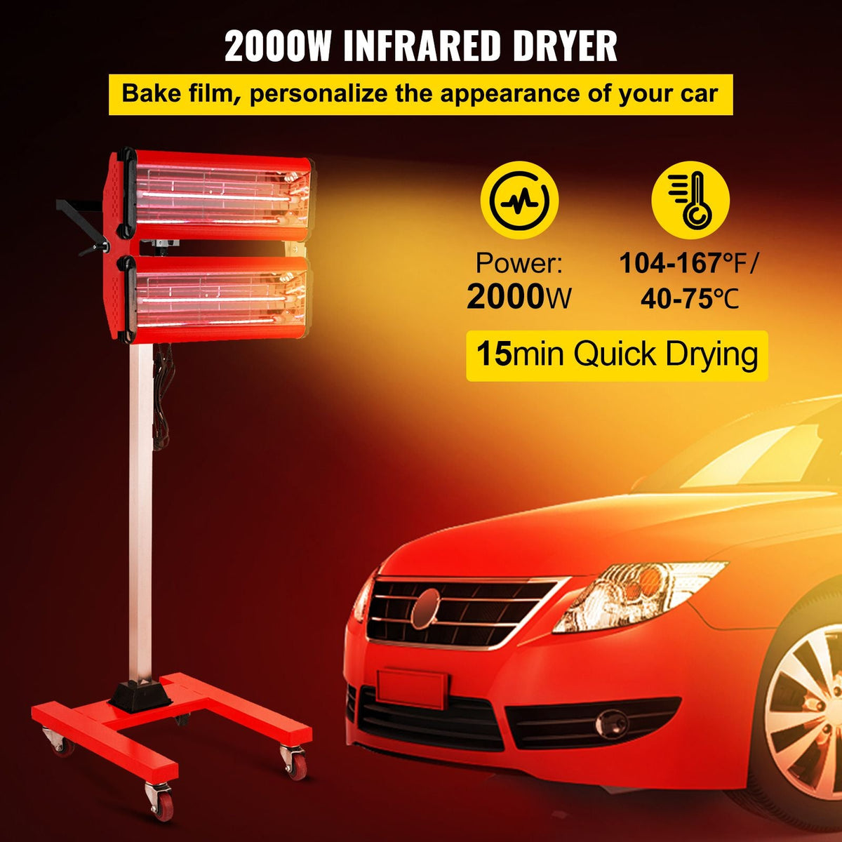2000W Baking Infrared Paint Curing Lamp Short Wave Infrared Heater Car Bodywork Repair Paint Dryer/Stand