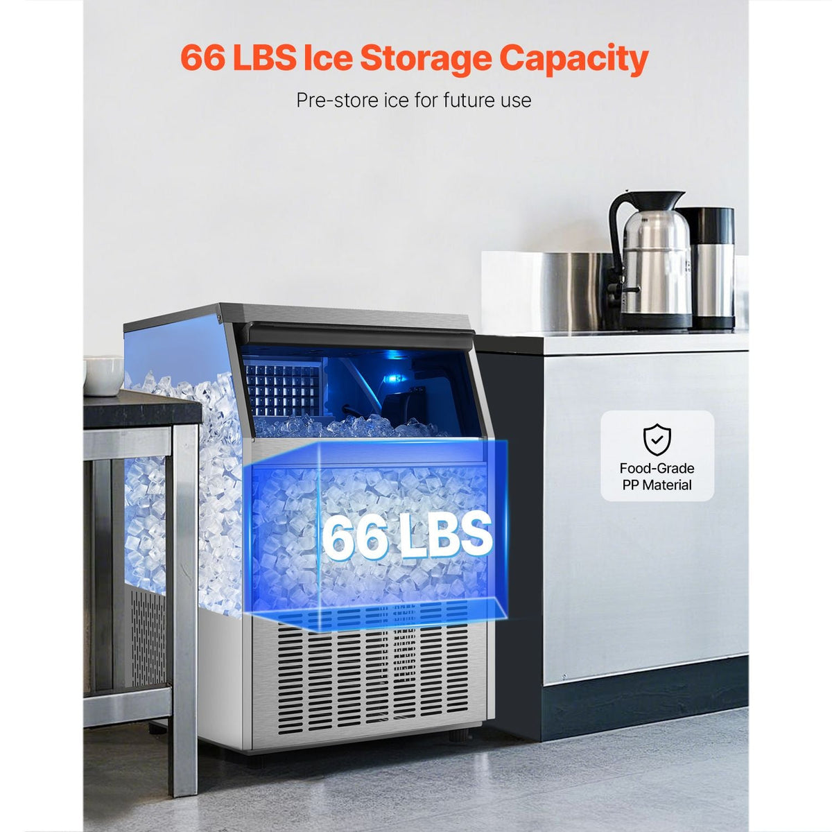 200lbs/24H Commercial Ice Maker Machine, 66lbs Storage Capacity Ice Maker with Drain Pump, 108 Ice Cubes in 15 Minutes, LED Digital Display Freestanding Self-Cleaning for Bar Office Restaurant