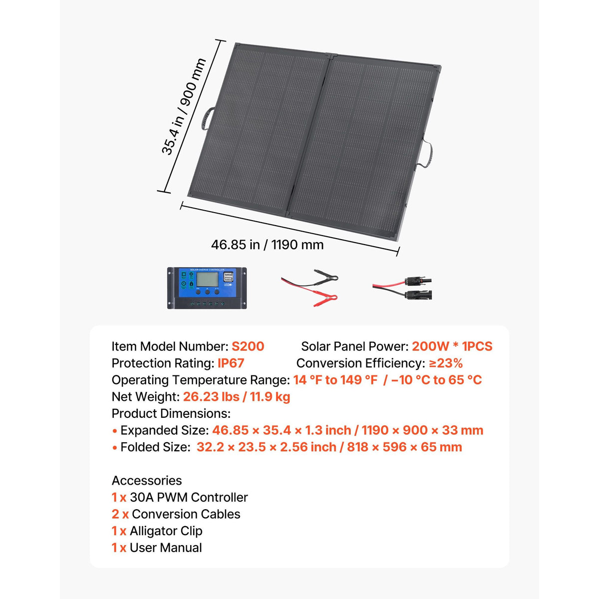 200W Foldable Solar Panel with Frame, 23% High-Efficiency Portable Monocrystalline Solar Panel Charger with 30A PWM Controller & MC4 Output, IP67 Waterproof for Camping, Hiking, RV Trips