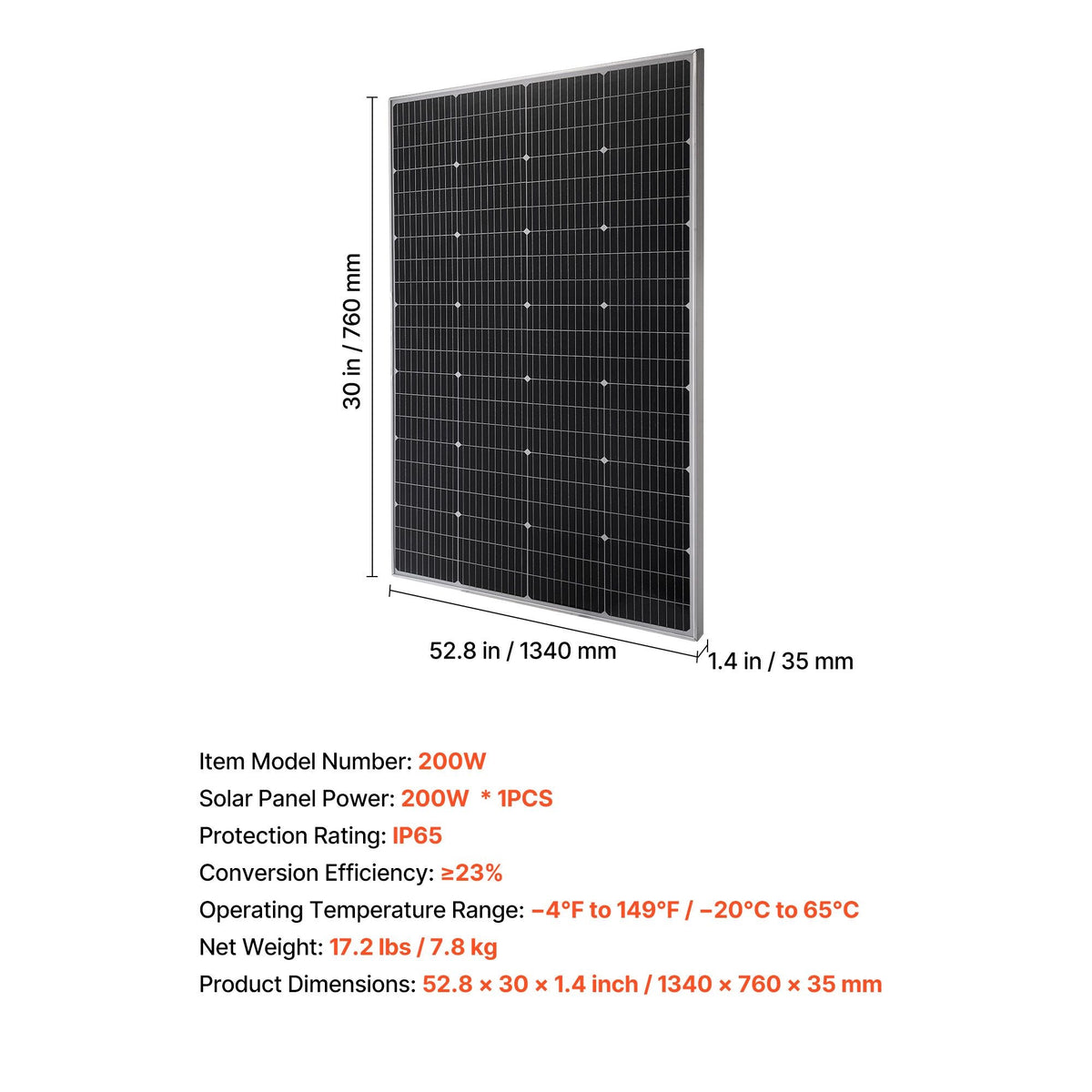 200W Monocrystalline Solar Panel, 23% High-Efficiency Mono PV Module with Stable MC4 Output & Aluminum Frame, IP65 Waterproof Solar Panel for Car Boat RV Flat Rooftop Off-Grid Applications