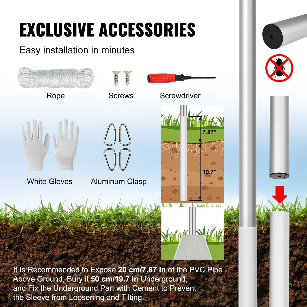 20FT Sectional Flag pole Kit, Heavy Duty Aluminum Alloy in Ground Flag poles for Outside, 3 Display Modes Flagpole with 3x5 American Flag, Professional Accessories, Silver